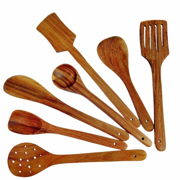 Natural Wooden Spoons Set and Spatula for Cooking, Sleek, Sold and Non-Stick Cookware.