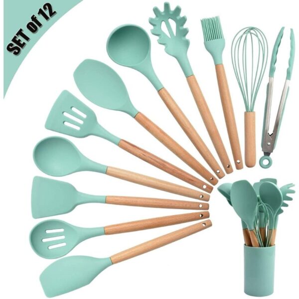 Silicone Kitchen Spatula and Utensils Spoon Set Cooking + Baking Set 12 Pcs Non-Stick with Wooden Handle.